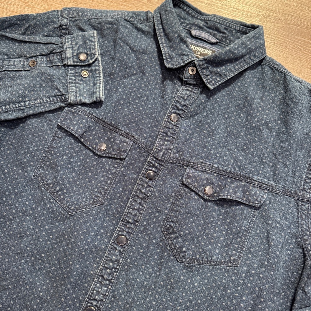 Express Shirt Mens Large Blue 100% Cotton Pearl Snap Denim Western Micro Print L